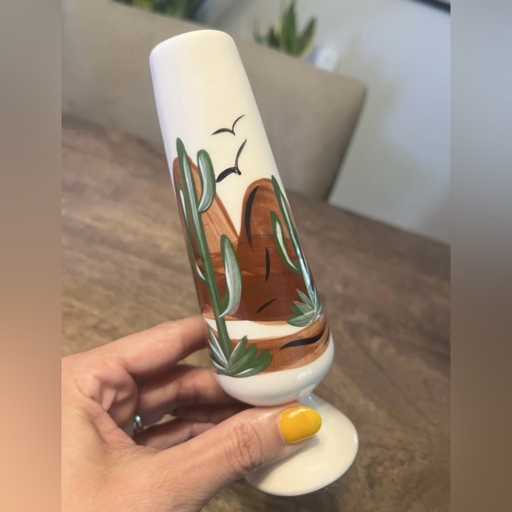 Hand painted Vintage MCM Bud Vase Wild West Cactus Mountains Birds